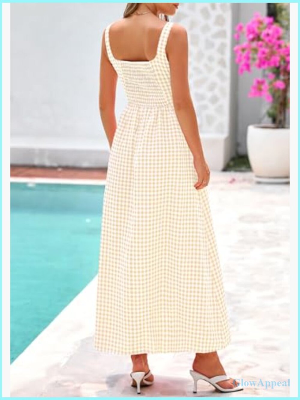 Spaghetti Strap Maxi Dress Plaid Square Neck A Line Casual Beach Vacation Long - Picture 2 of 7